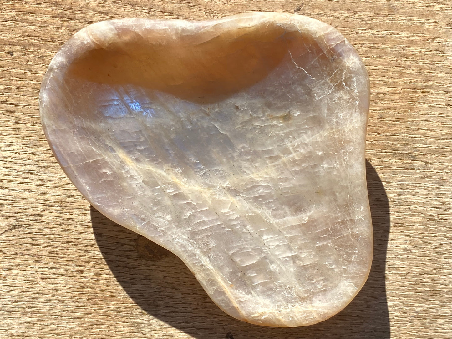 Heart Shaped Peach Moonstone Carved Crystal Dish