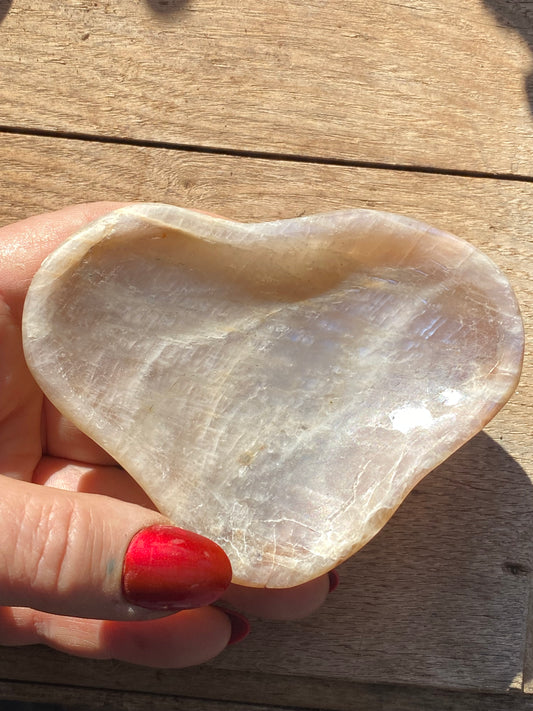 Heart Shaped Peach Moonstone Carved Crystal Dish